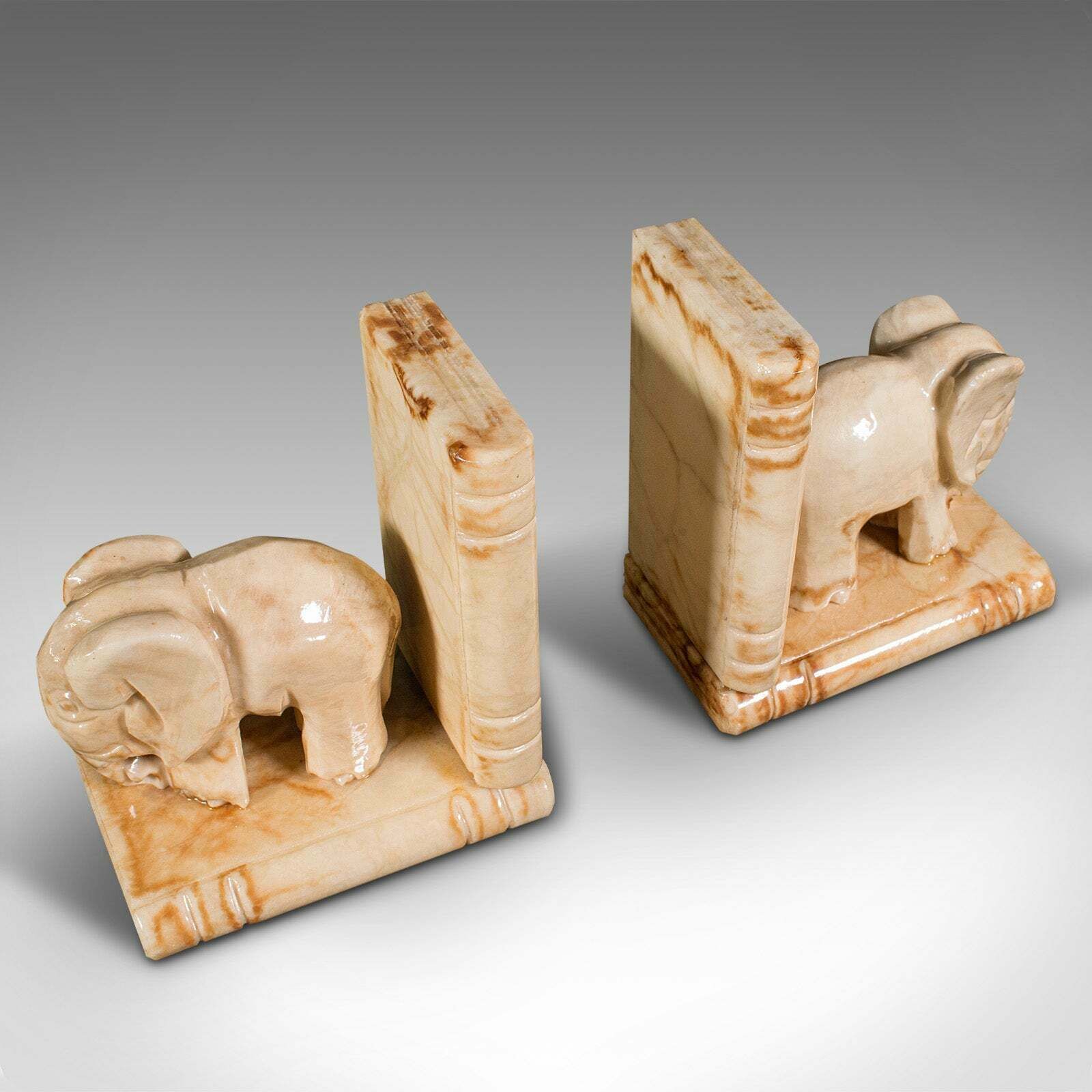 Pair Of Antique Elephant Bookends, African, Milk Onyx, Book Rest, Victorian photo vinterior