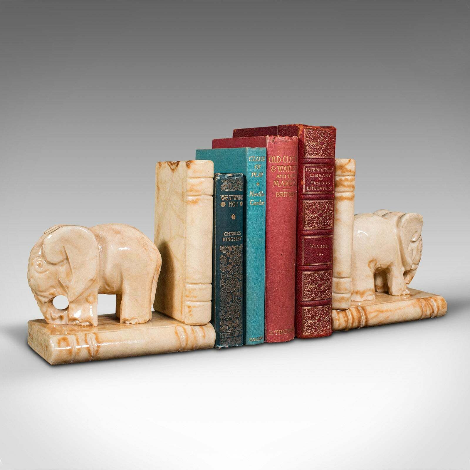 photo for sale Pair Of Antique Elephant Bookends, African, Milk Onyx, Book Rest, Victorian