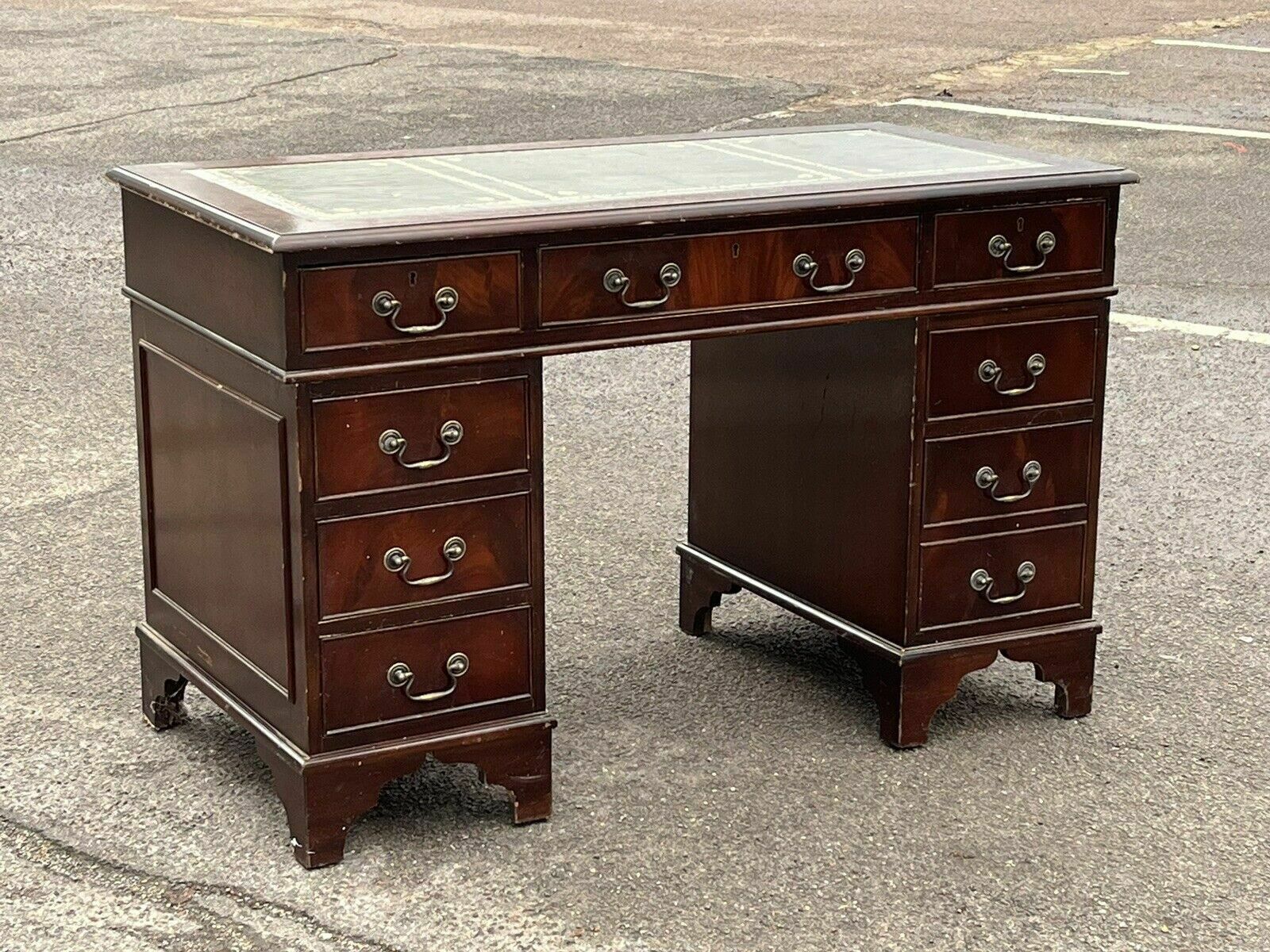 Pedestal Desk In Flame Veneer Mahogany With Green Leather Top. photo furniture