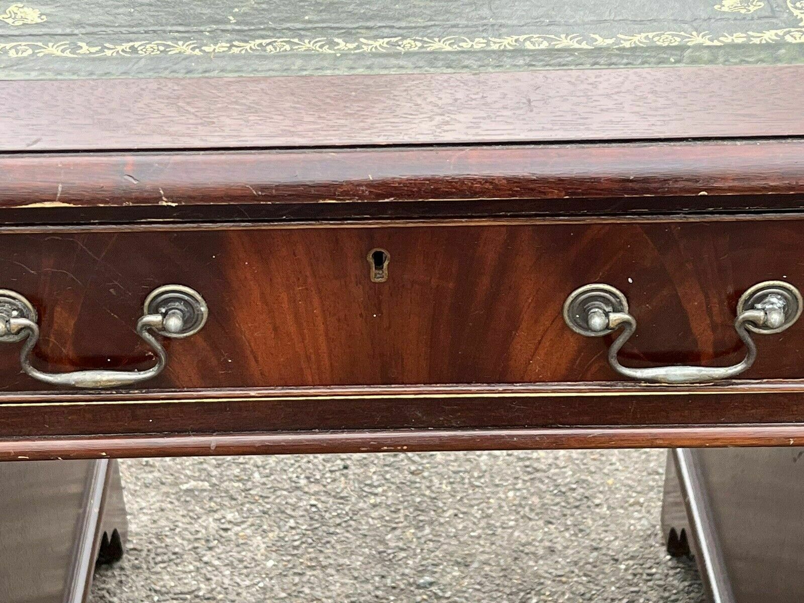 Pedestal Desk In Flame Veneer Mahogany With Green Leather Top. photo vinterior