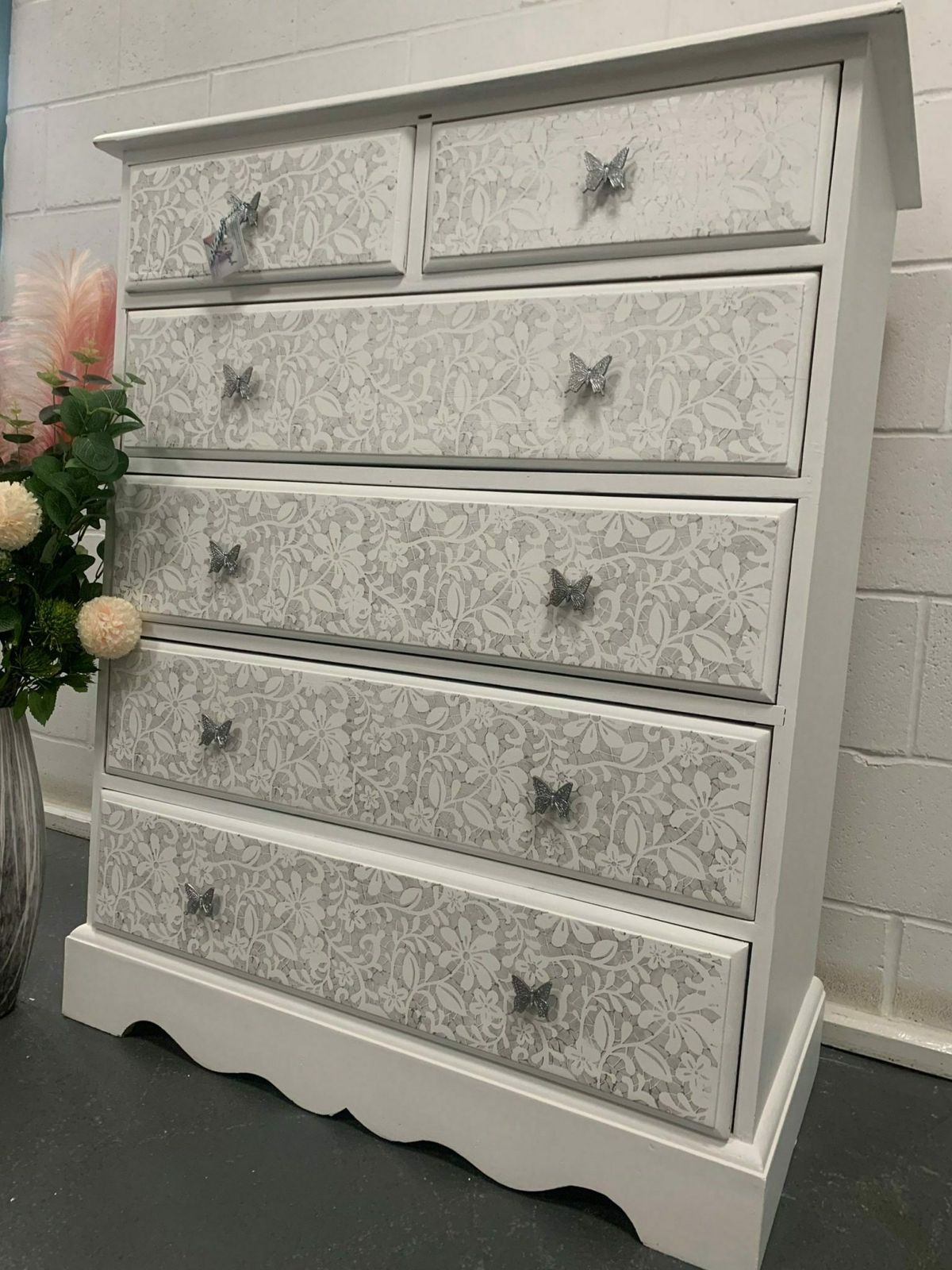Chest Of Drawers Bespoke Painted White Silver Lace Moroccan Geometric Bee Elephant Handles photo furniture