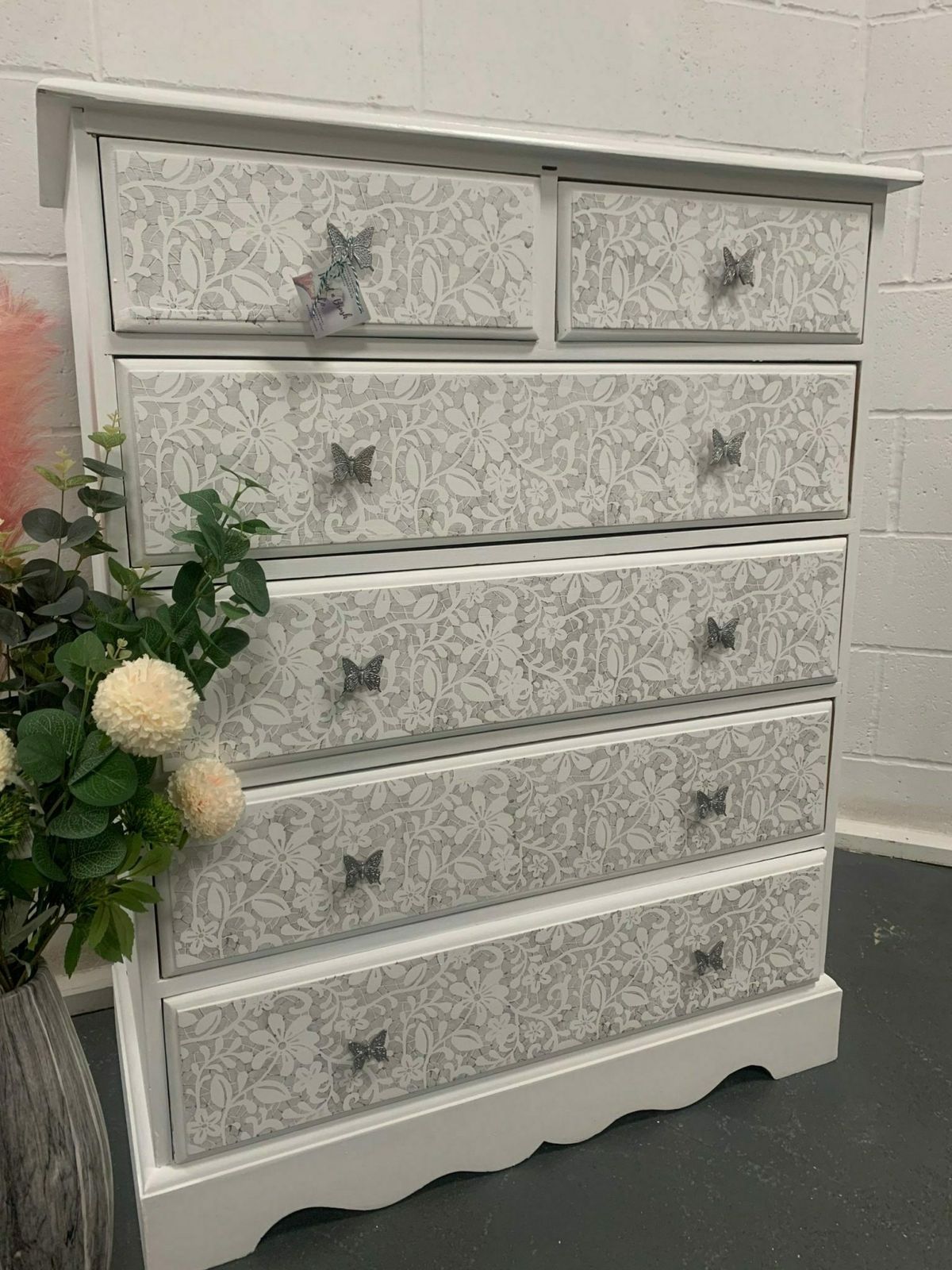Chest Of Drawers Bespoke Painted White Silver Lace Moroccan Geometric Bee Elephant Handles photo for sale