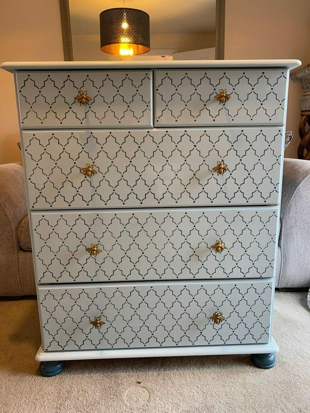 Chest Of Drawers Painted Bespoke Moroccan Geometric Bee Elephant Handles Stencilled photo Furniture