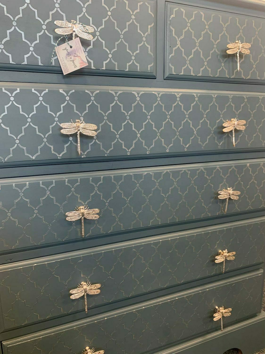 Large Chest Of Drawers Painted Blue Moroccan Silver Dragonfly Knobs Handles photo furniture
