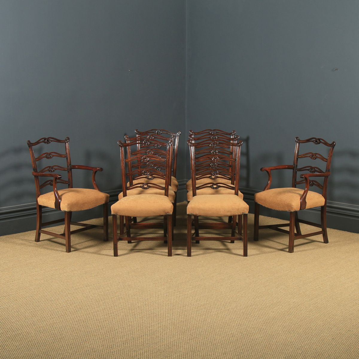 Antique Set Of Eight English Georgian Ribbon Back Mahogany Dining Chairs C1880