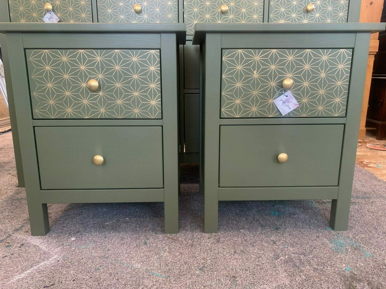 Pair Of Bedside Tables Painted Bespoke Moroccan Geometric Art Deco Gold Leaf Bee Elephant Handles Stencilled photo furniture