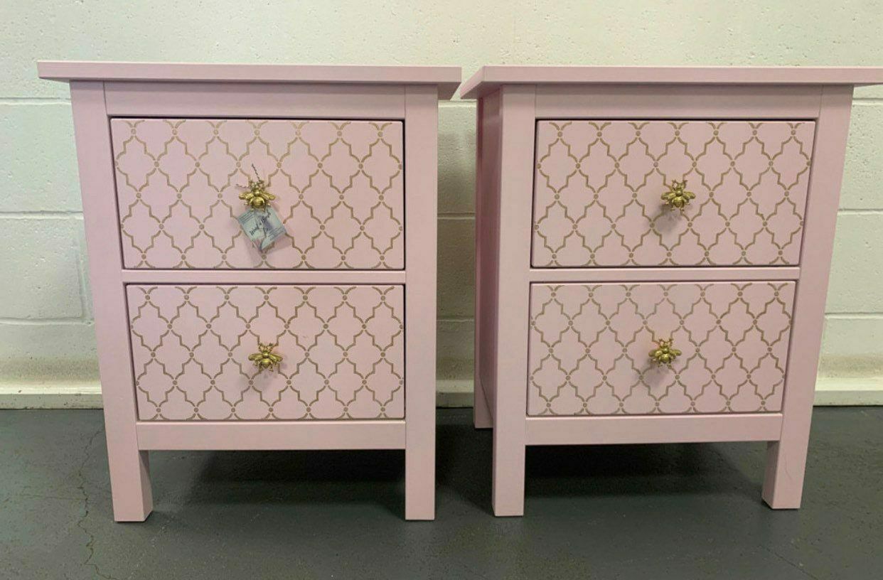 Pair Of Bedside Tables Painted Bespoke Moroccan Geometric Art Deco Gold Leaf Bee Elephant Handles Stencilled photo for sale