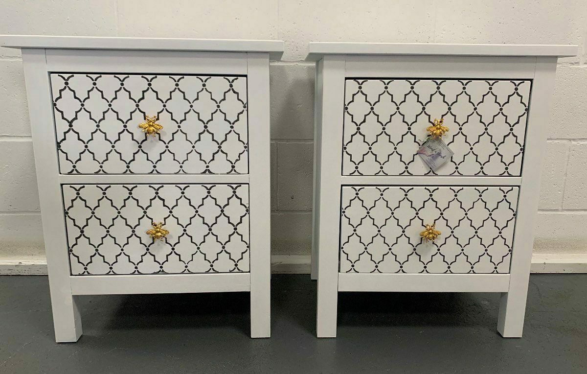 Pair Of Bedside Tables Painted Bespoke Moroccan Geometric Art Deco Gold Leaf Bee Elephant Handles Stencilled photo Furniture