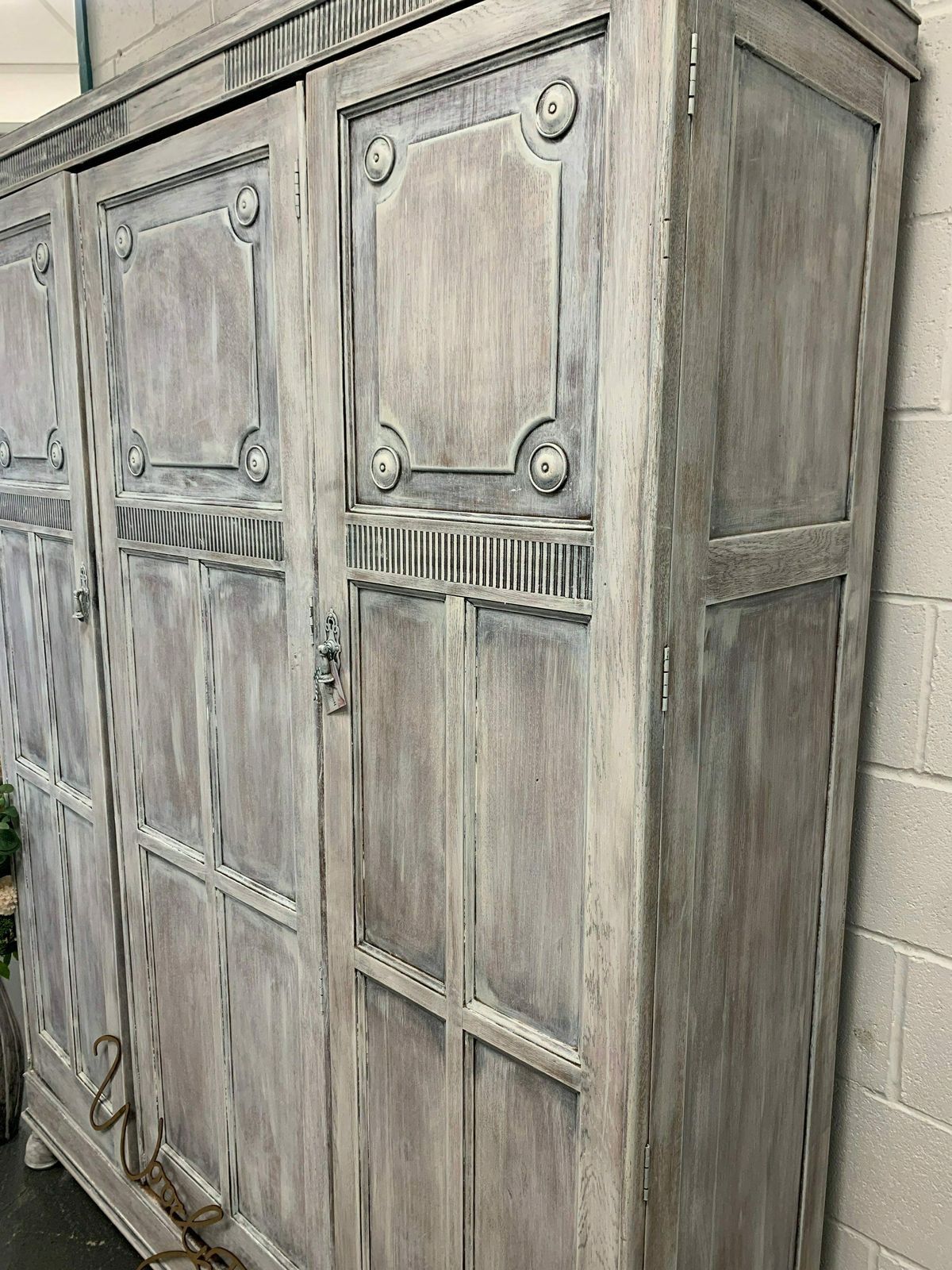 Custom Painted Stunning Linenfold Old Charm Vintage Antique Triple Wardrobe photo for sale