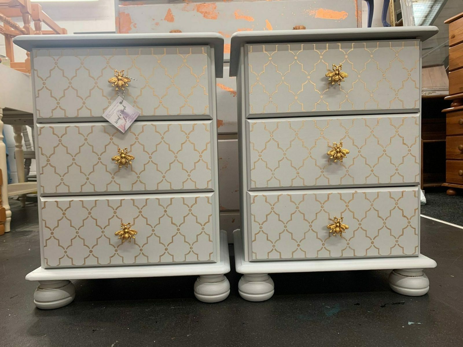 Pair Of Bedside Tables Painted Bespoke Moroccan Geometric Art Deco Gold Leaf Bee Elephant Handles Stencilled photo for sale