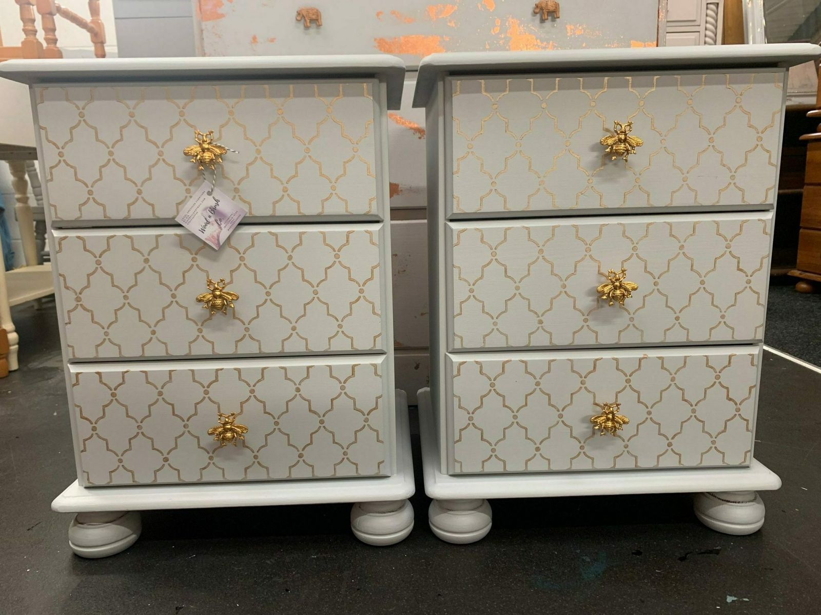 Pair Of Bedside Tables Painted Bespoke Moroccan Geometric Art Deco Gold Leaf Bee Elephant Handles Stencilled photo Furniture