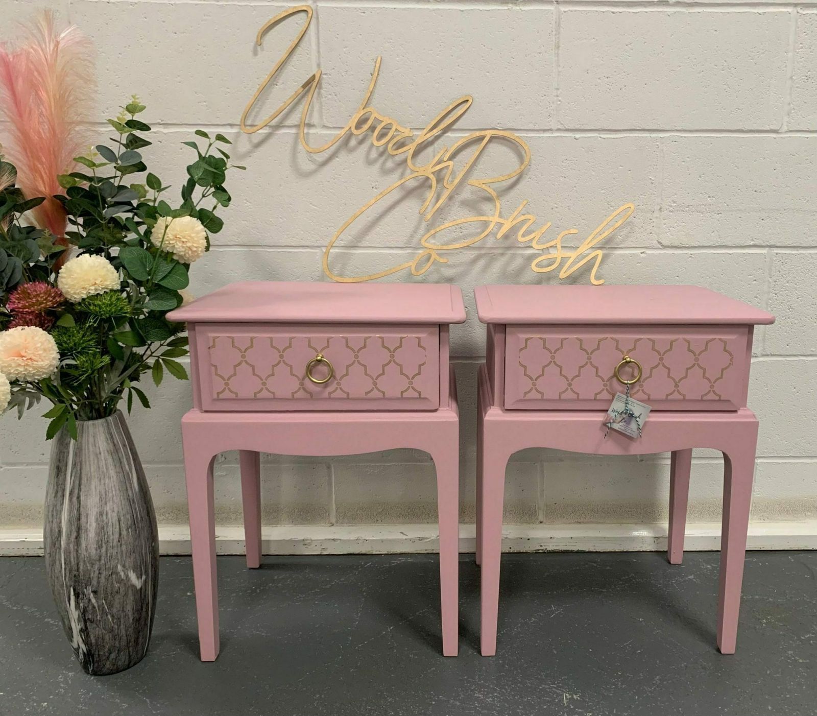 Stag Minstrel Pair Bedside Tables Pink With Gold Painted Stencil  Custom You Choose Your Colours And Design