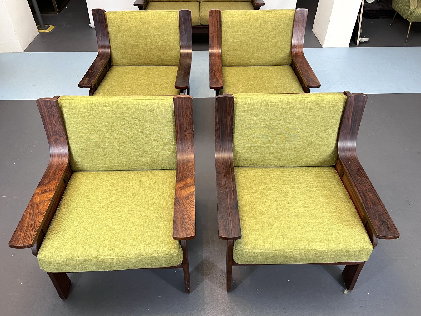 Mid Century Set Of Four Armchairs And A Sofa In Wood And Green Fabric. Italy 1960s photo Furniture