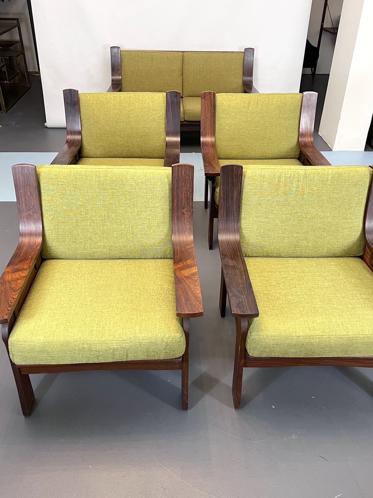 Mid Century Set Of Four Armchairs And A Sofa In Wood And Green Fabric. Italy 1960s photo 6376.5