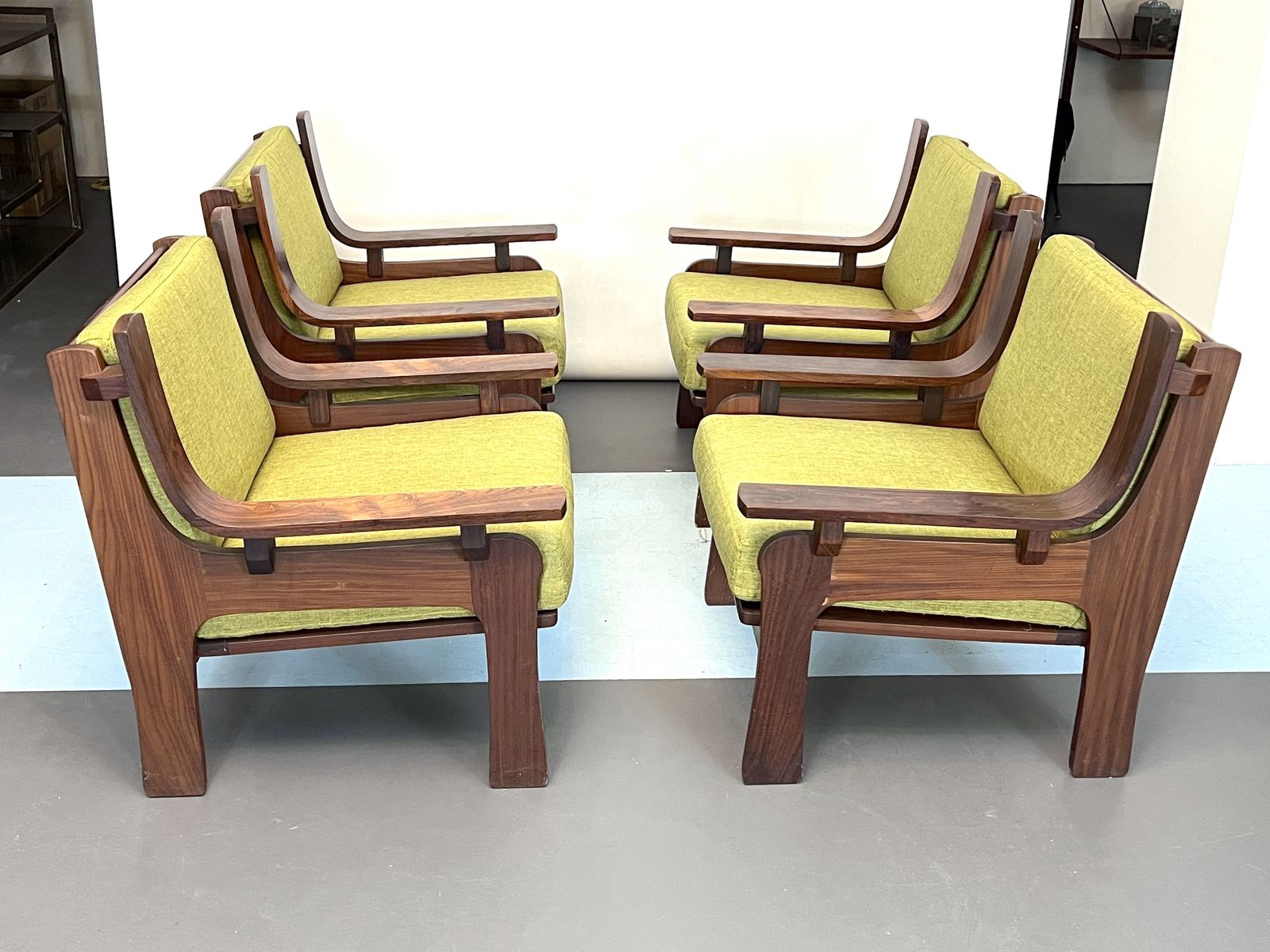 photo for sale Mid Century Set Of Four Armchairs And A Sofa In Wood And Green Fabric. Italy 1960s