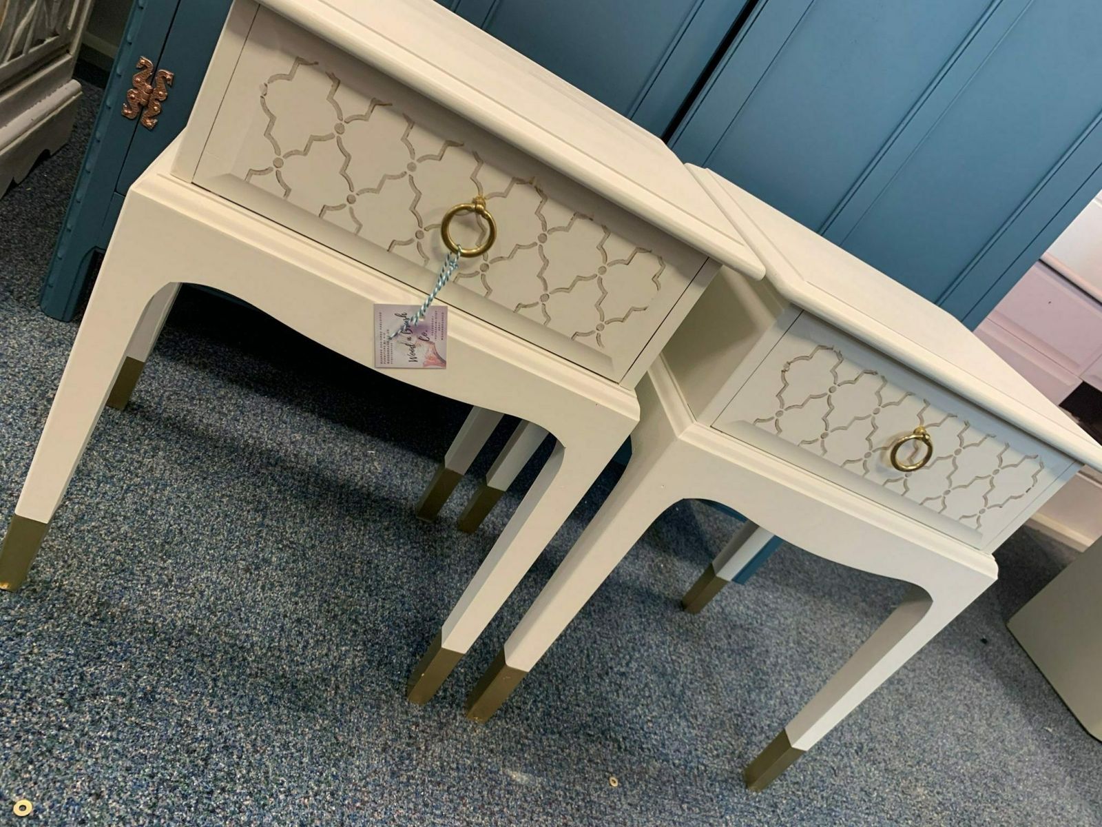 Stag Minstrel Pair Bedside Tables Painted Bespoke Moroccan Geometric Cream With Gold Leaf Bee Elephant Handles Stencilled photo for sale
