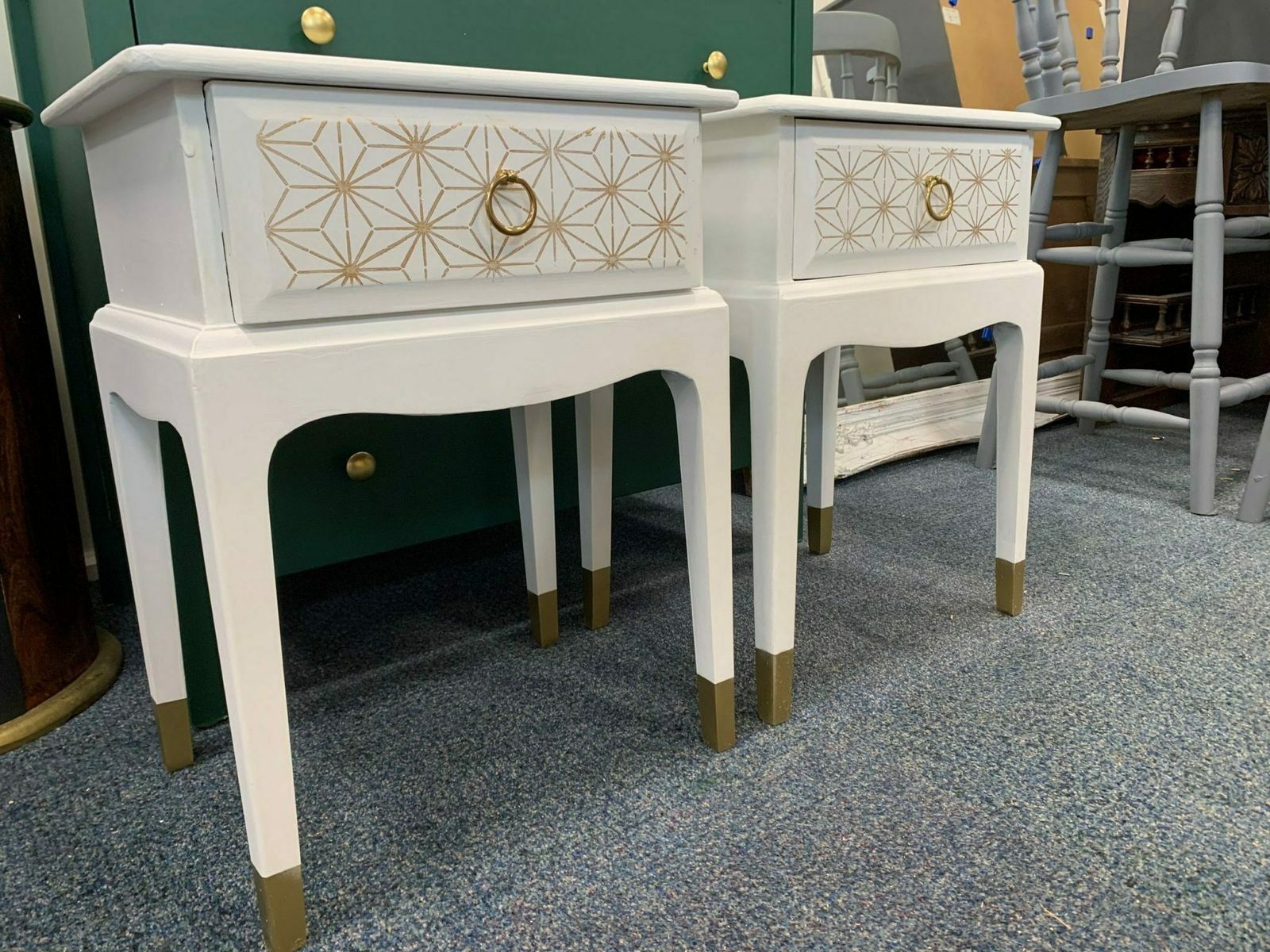Stag Minstrel Pair Bedside Tables Painted Bespoke Moroccan Geometric Cream With Gold Leaf Bee Elephant Handles Stencilled photo 325.0