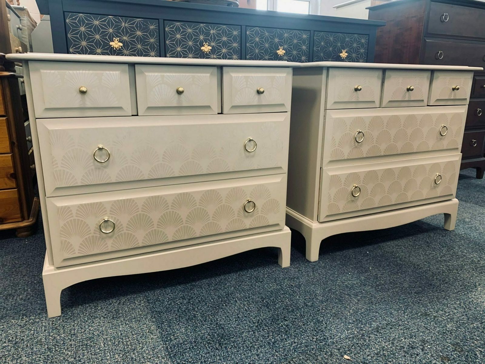 Pair Of Stag Minstrel Chest Of Drawers Bedside Tables Painted Bespoke Stencilled photo furniture