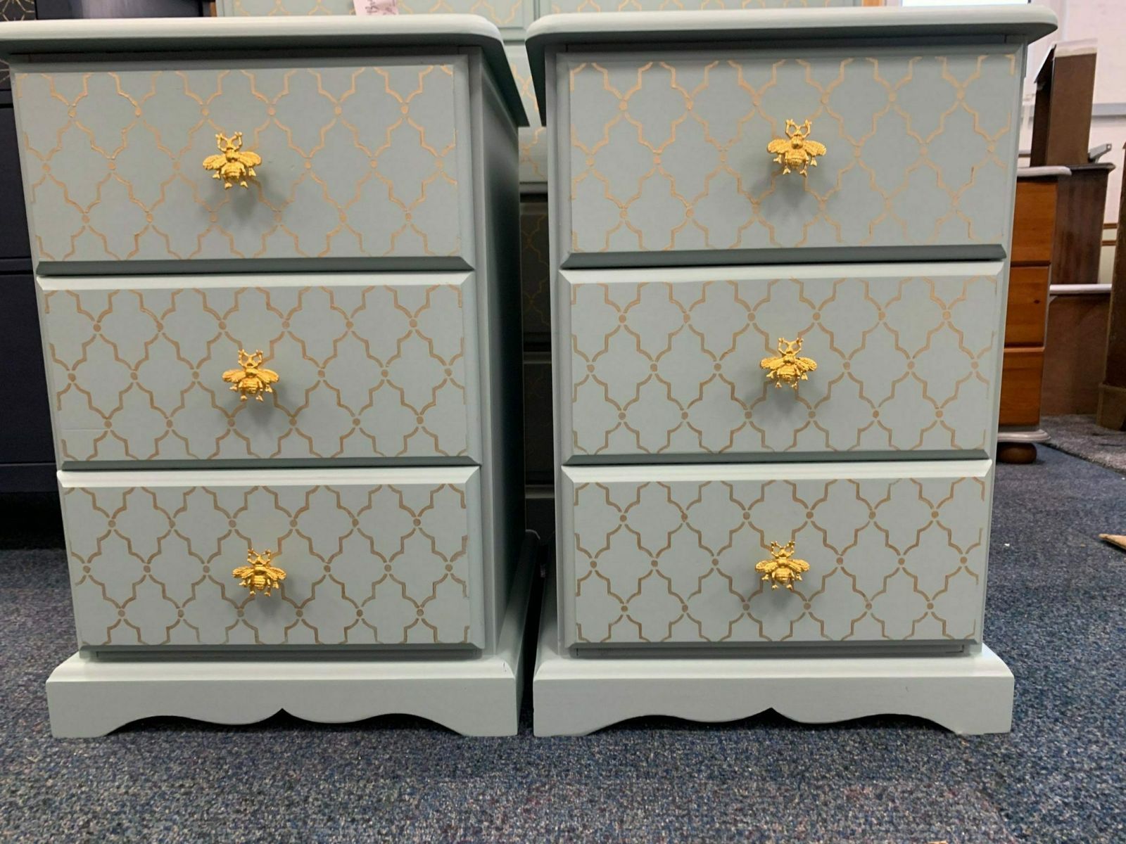 Pair Of Bedside Tables Painted Bespoke Moroccan Geometric Art Deco Gold Leaf Bee Elephant Handles Stencilled photo furniture