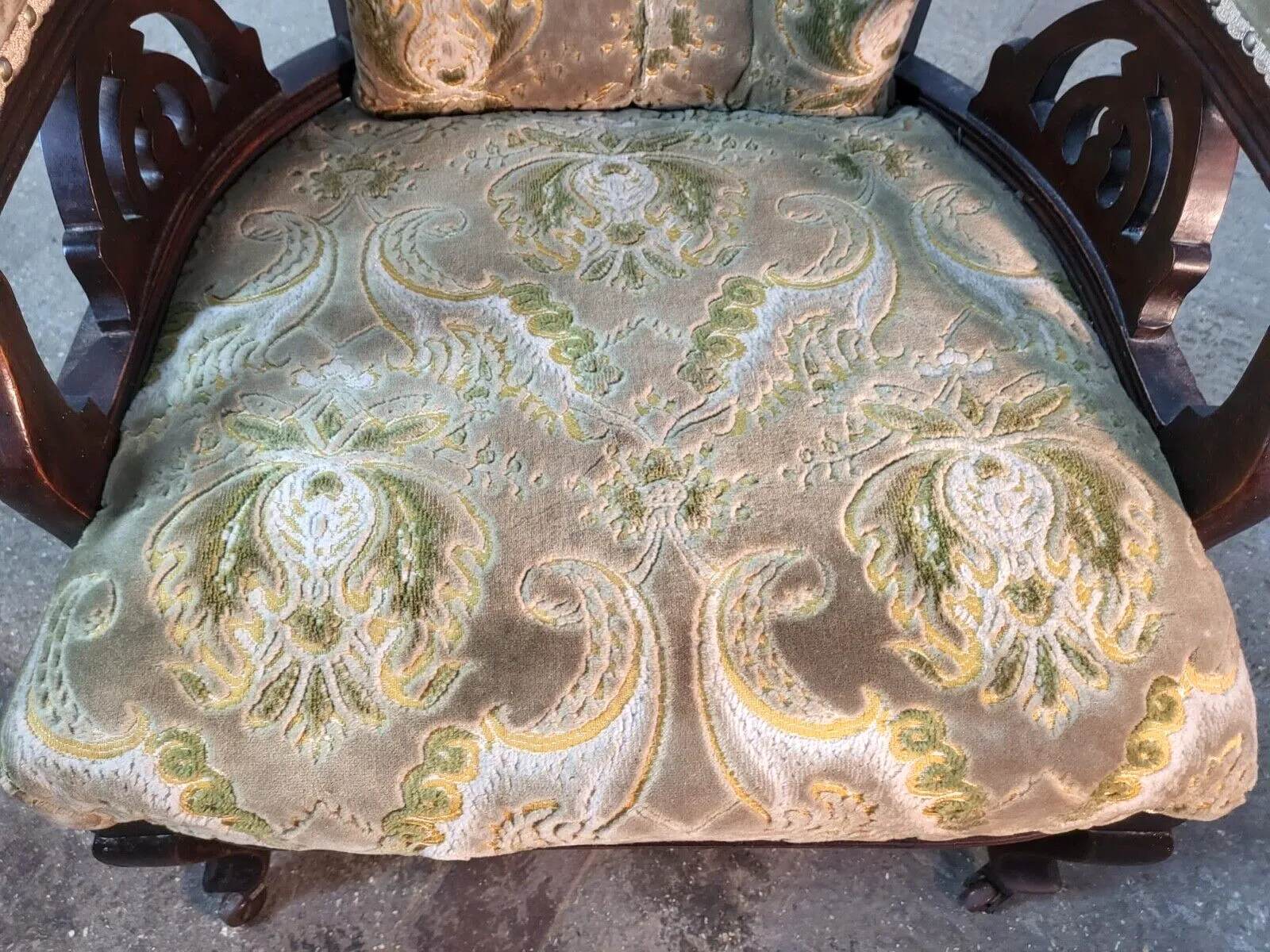 Antique Victorian Open Wood Frame Armchair Curved Back Green Floral Cabriole Leg photo Furniture