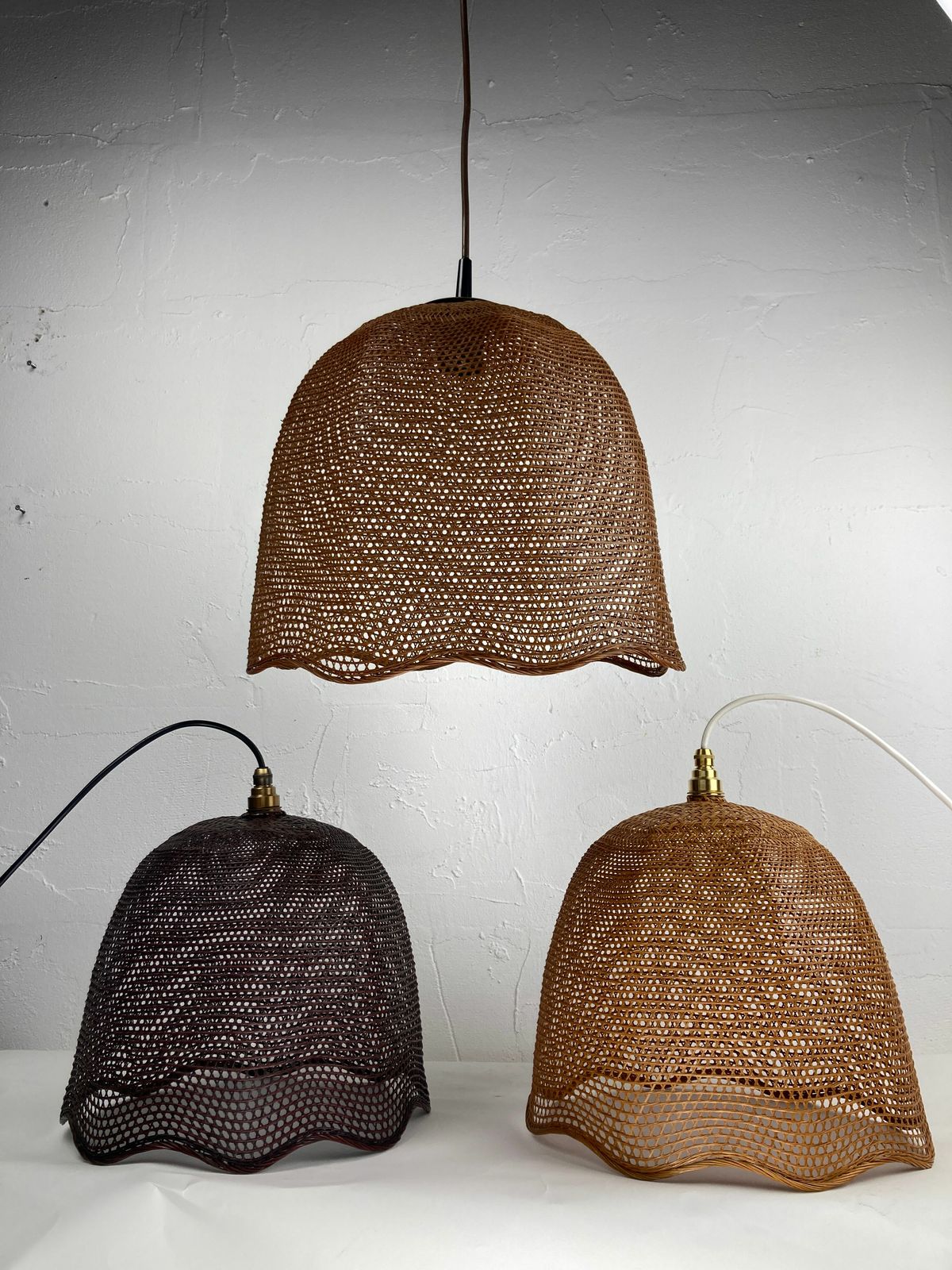 Beehive Webbing Rattan Wicker Pendant Hanging Lamp, 1930s photo for sale