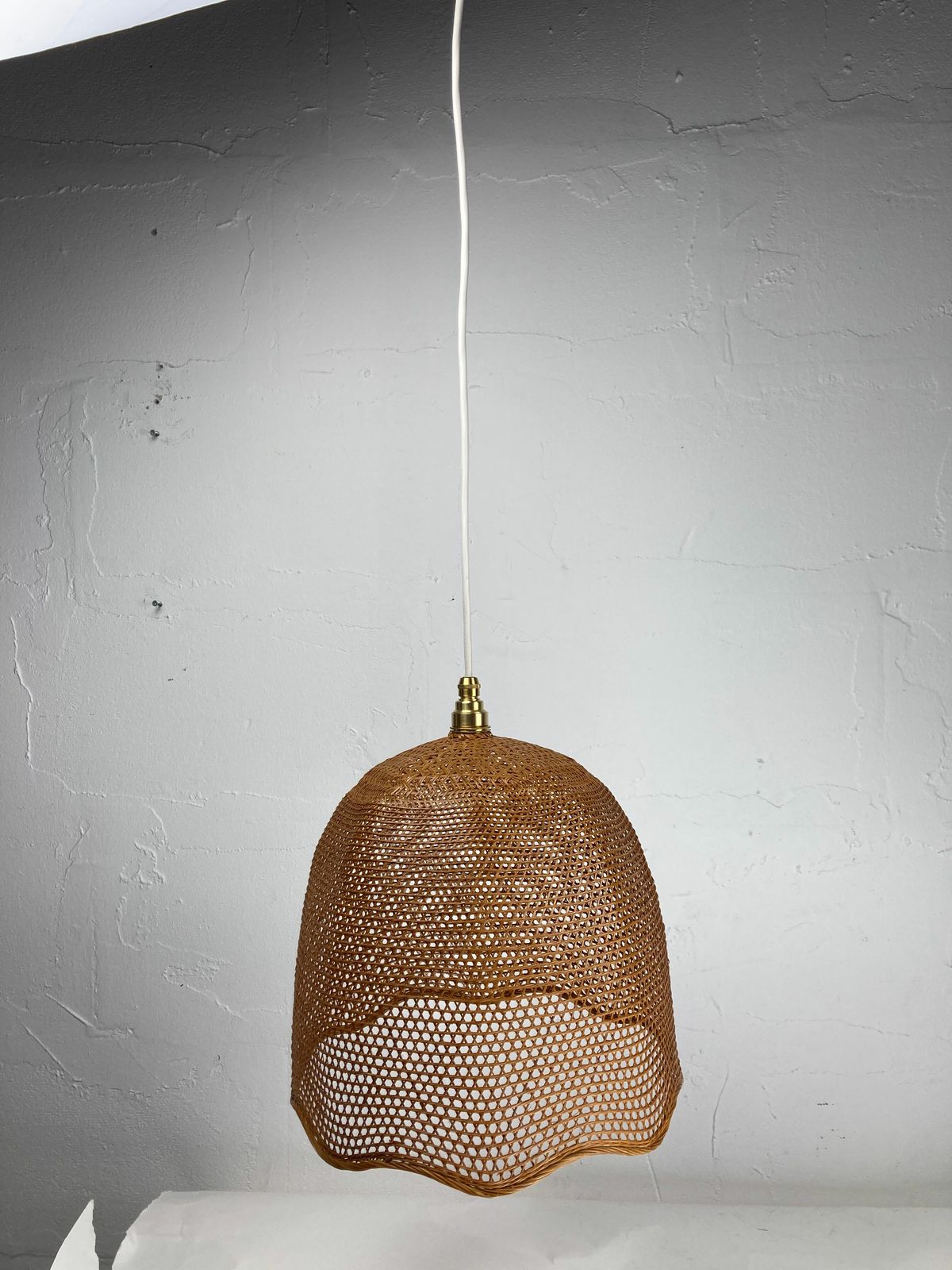 Beehive Webbing Rattan Wicker Pendant Hanging Lamp, 1930s photo vinterior