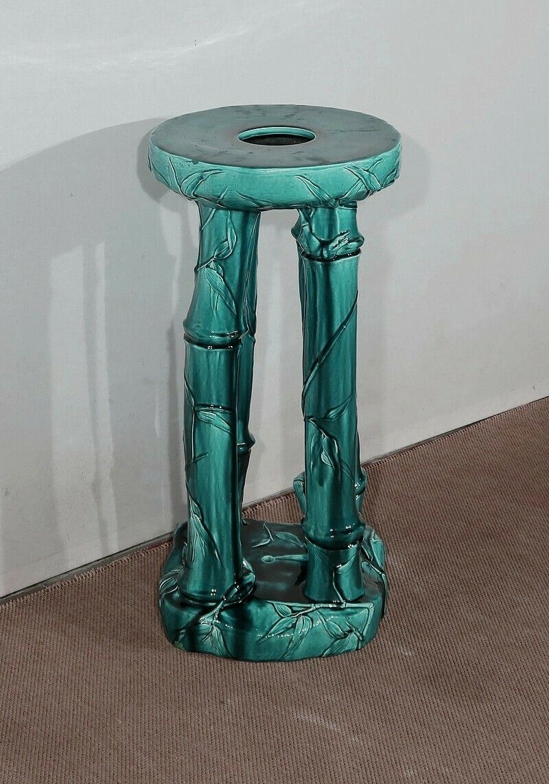 Green Glazed Ceramic Planter Support With Blue Reflections, Decorated With Bamboo, 1920 photo furniture