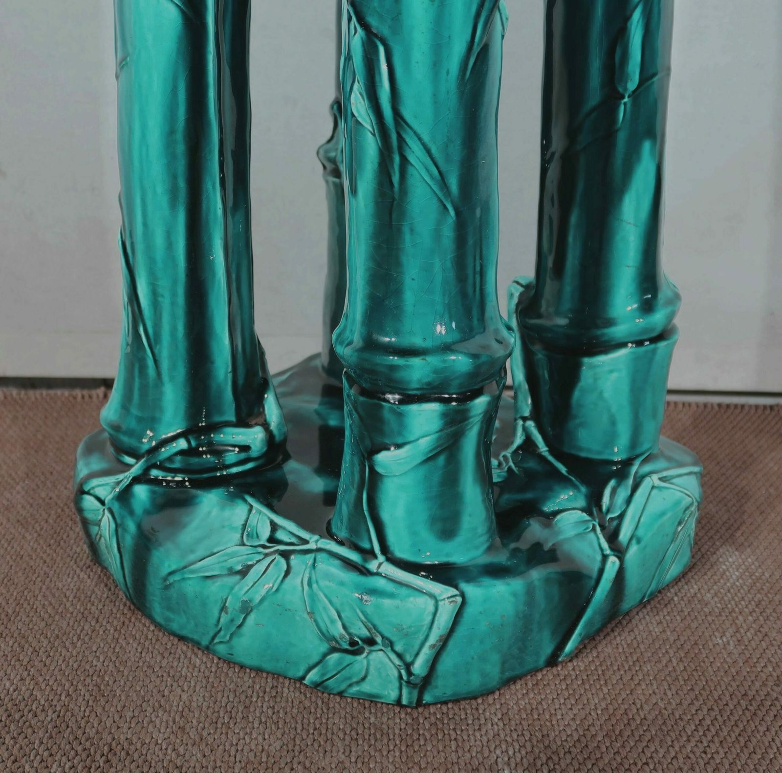 photo furniture Green Glazed Ceramic Planter Support With Blue Reflections, Decorated With Bamboo, 1920