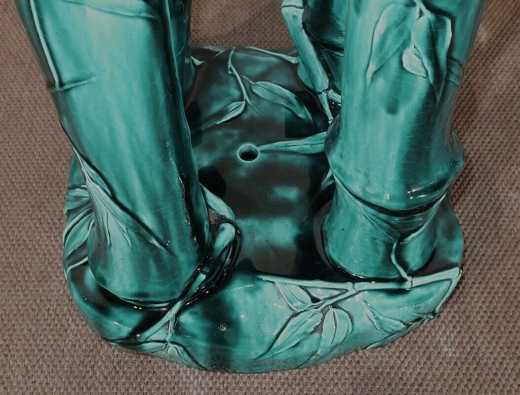 photo for sale Green Glazed Ceramic Planter Support With Blue Reflections, Decorated With Bamboo, 1920