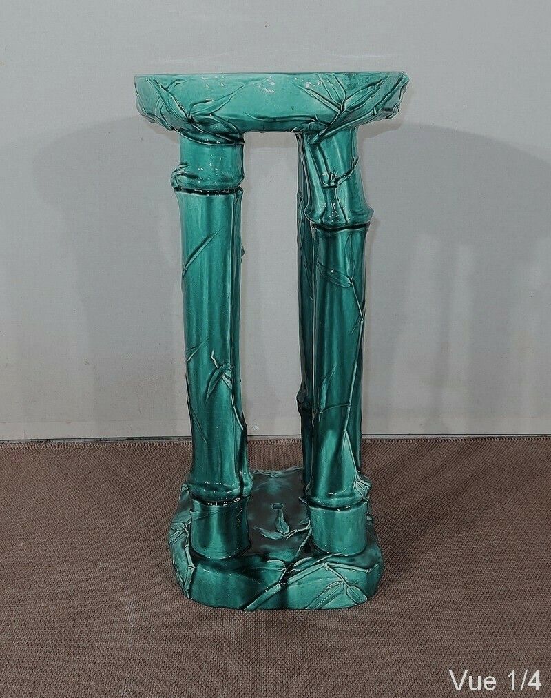 1472.9 Green Glazed Ceramic Planter Support With Blue Reflections, Decorated With Bamboo, 1920 photo