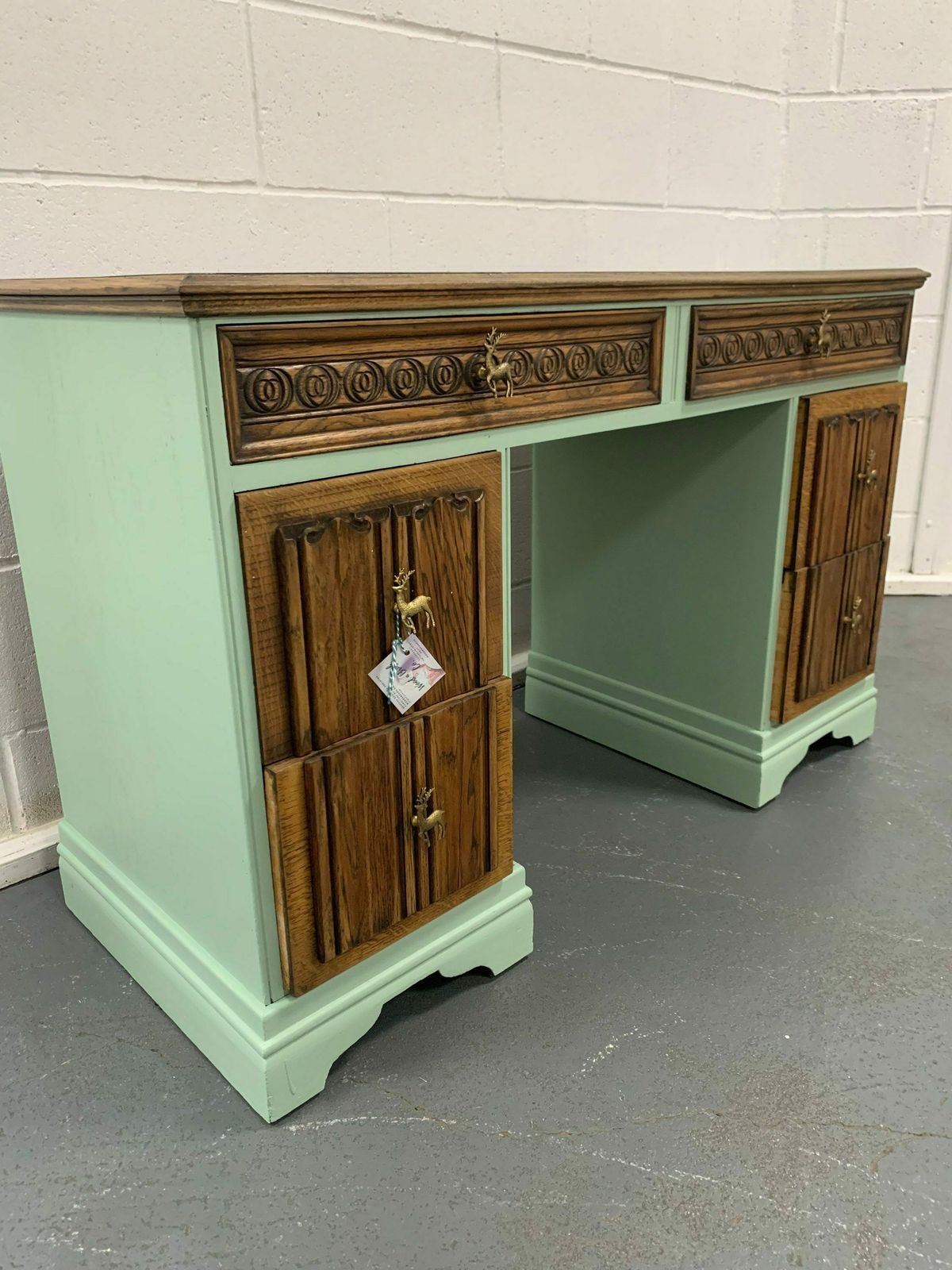 Vintage Dressing Table Painted Bespoke Old Charm Linenfold Stag Minstrel Handles Stencilled photo furniture