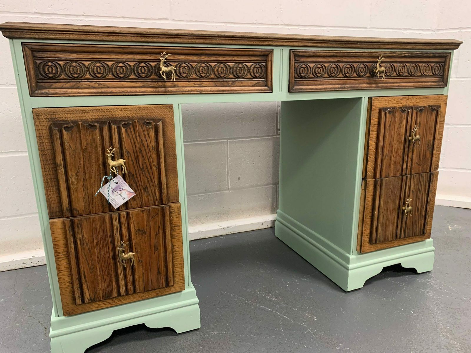 Vintage Dressing Table Painted Bespoke Old Charm Linenfold Stag Minstrel Handles Stencilled photo for sale