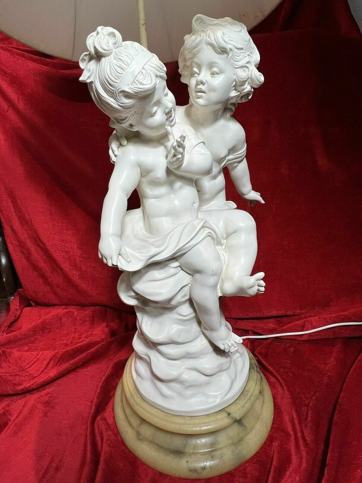 photo for sale Large Hollywood Glamour Lamp Of Cherubs Set Upon Circular Onyx Base