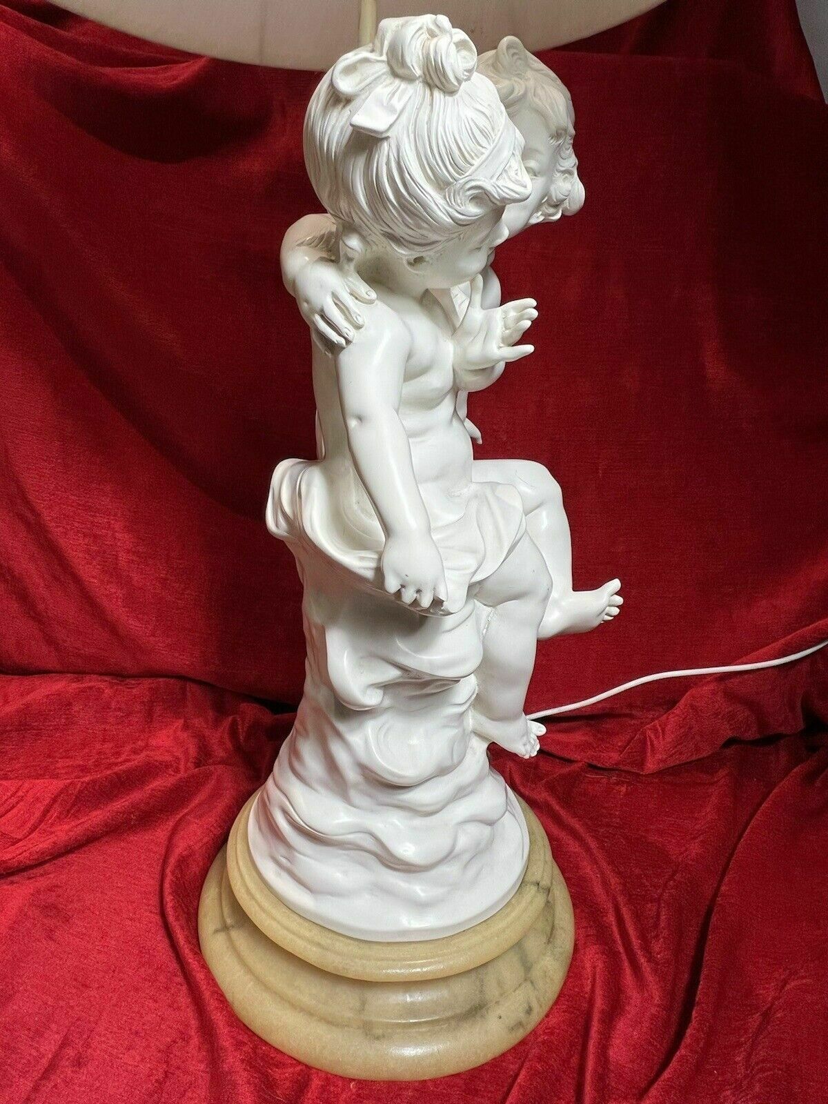 Lighting Large Hollywood Glamour Lamp Of Cherubs Set Upon Circular Onyx Base photo