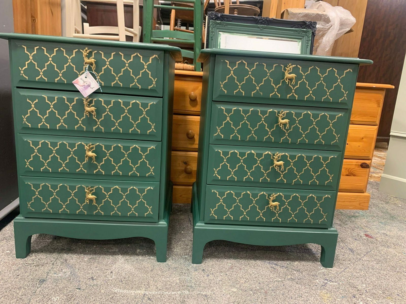 Dark Forest Green Stag Bedside Tables Gold Moroccan