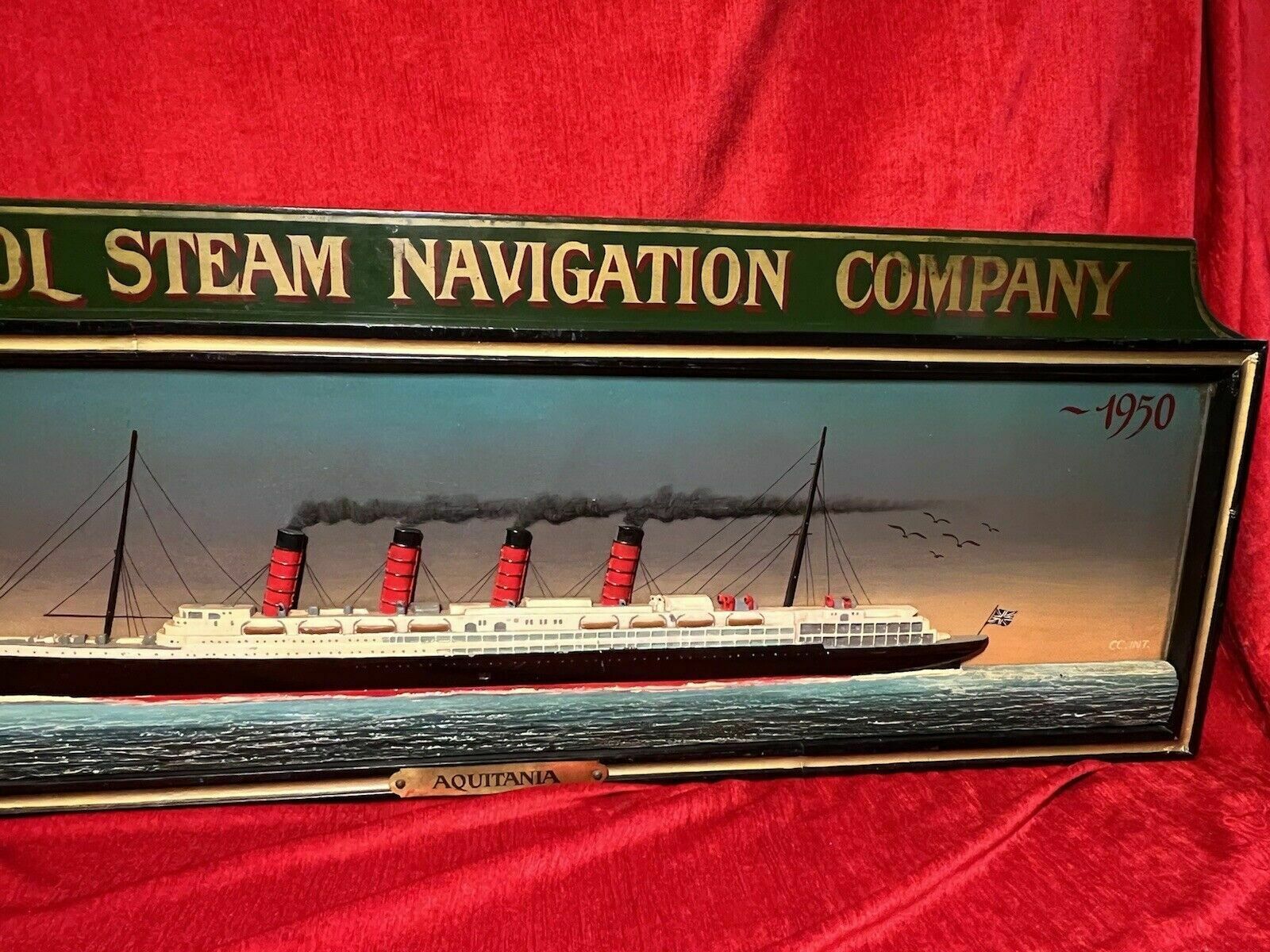 Historic Maritime Memorabilia 'Hms Aquatania' Diorama Wooden Ship Signage photo vinterior