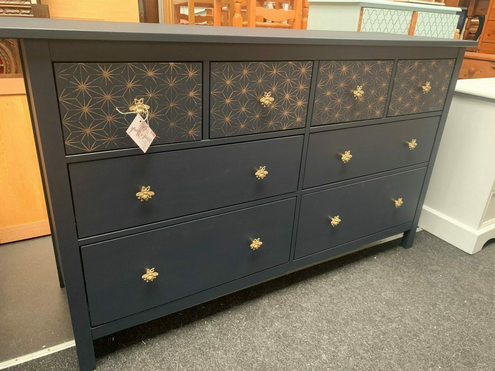 Large Painted Navy Chest Of Drawers With Gold Morrocan Stencil And Gold Bees photo furniture