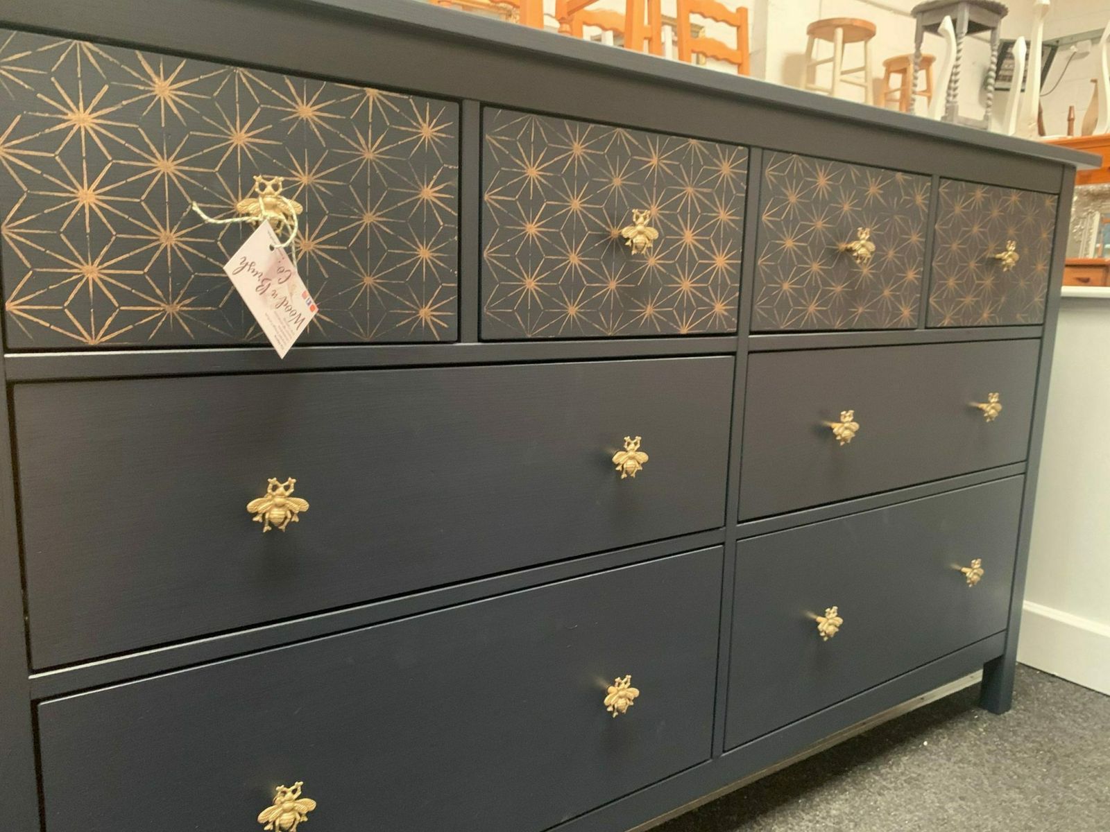 Large Painted Navy Chest Of Drawers With Gold Morrocan Stencil And Gold Bees photo for sale