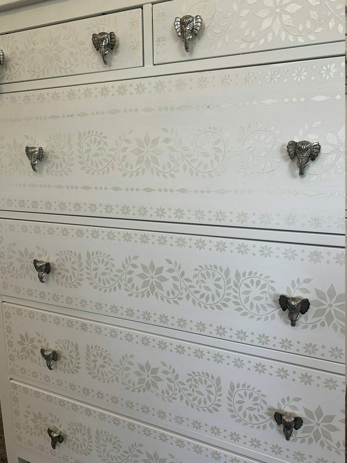 Large Chest Of Drawers Fusion Mineral Paint White And Pearl Indian Bone Inlay Silver Elephant Knobs Stencilled photo furniture