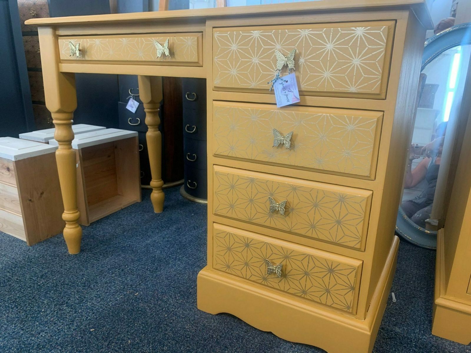Dressing Table Painted Bespoke Moroccan Geometric Gold Leaf Bee Elephant Handles Stencilled