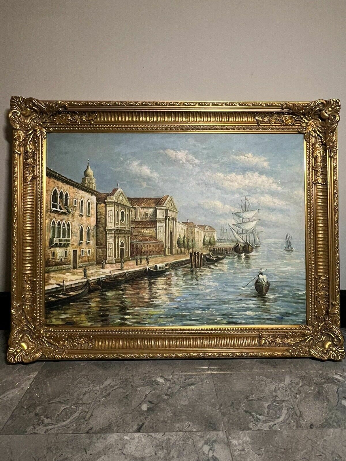 Large Impressive Venetian Grand Canal Waterfront Exhibition Oil Painting photo furniture