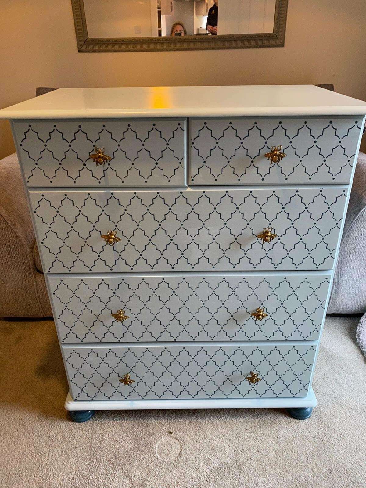 Chest Of Drawers Painted Bespoke Moroccan Geometric Bee Elephant Handles Stencilled photo furniture
