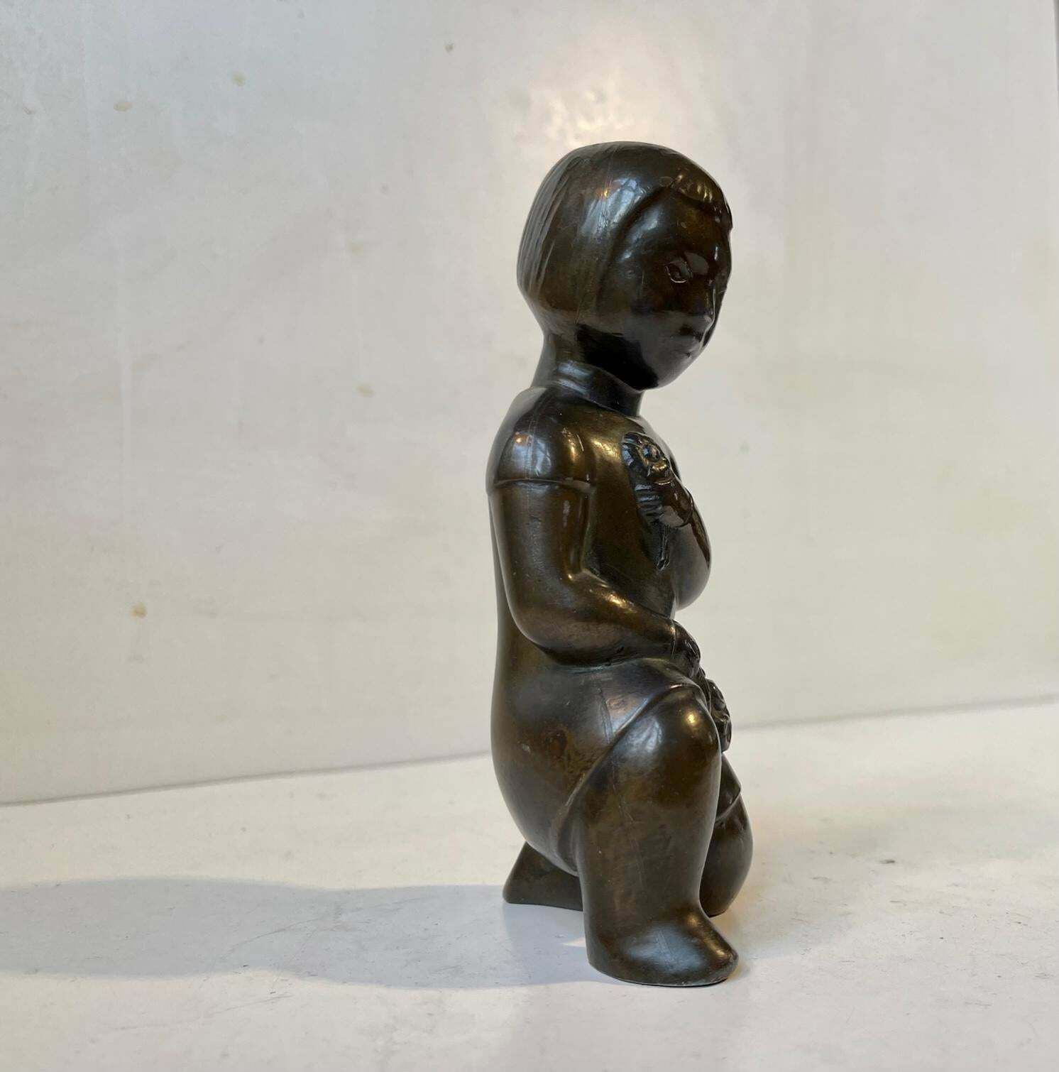 Scandinavian Bronze Figurine Of Inuit Girl With Flowers 1930s photo furniture