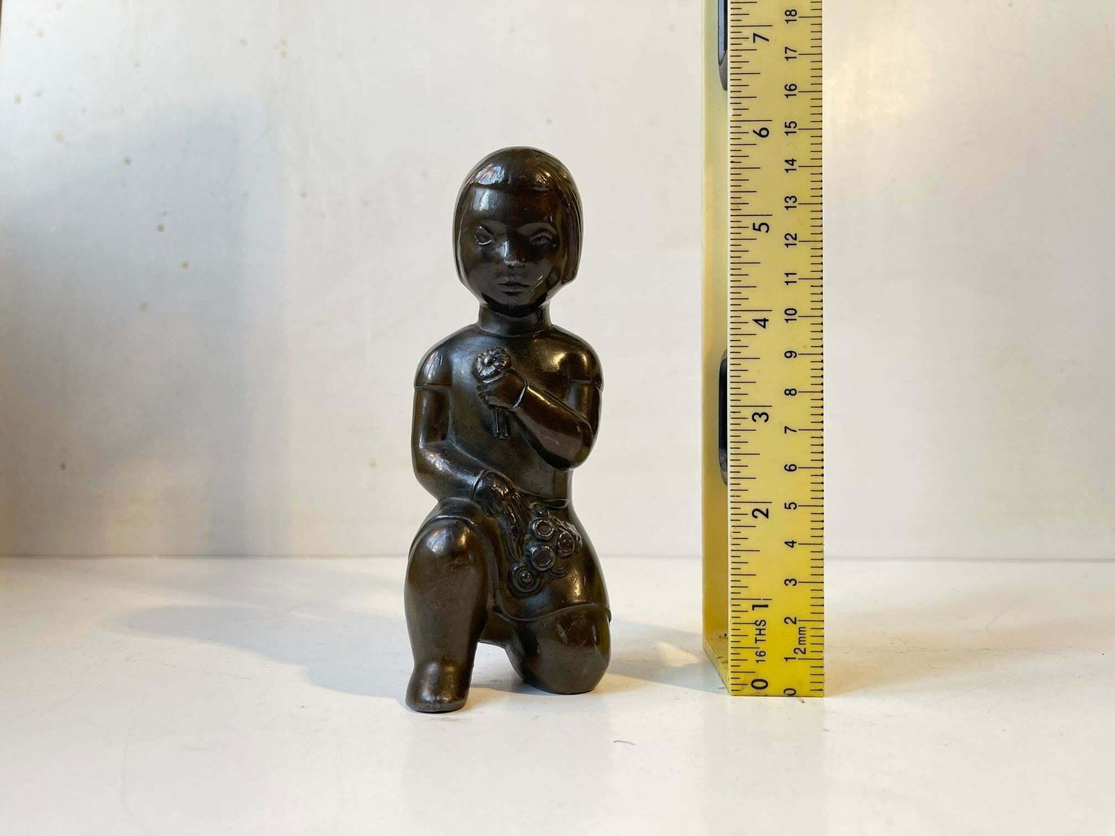 Scandinavian Bronze Figurine Of Inuit Girl With Flowers 1930s photo Home Decor