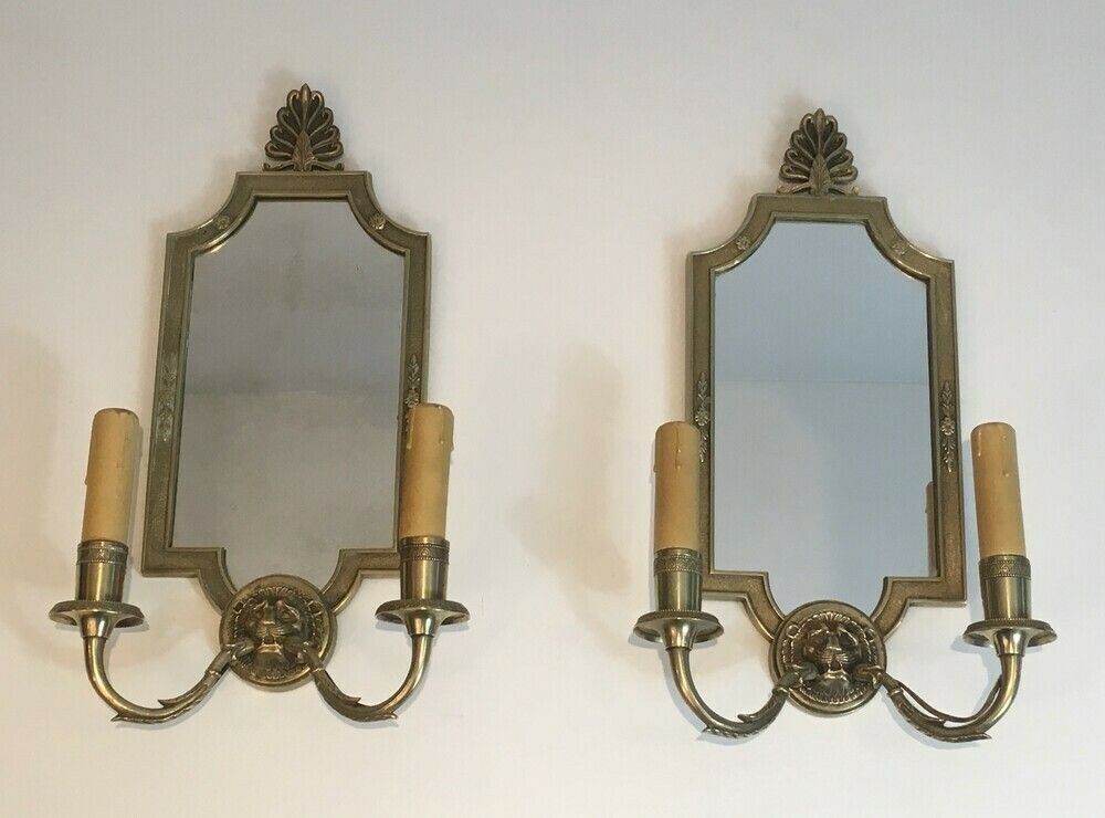 Pair Of Empire Style Bronze Sconces With Lion Head And Mirror. French Work. Around 1940