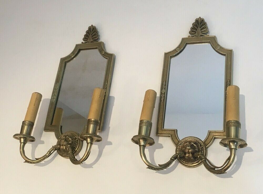 Pair Of Empire Style Bronze Sconces With Lion Head And Mirror. French Work. Around 1940 photo for sale