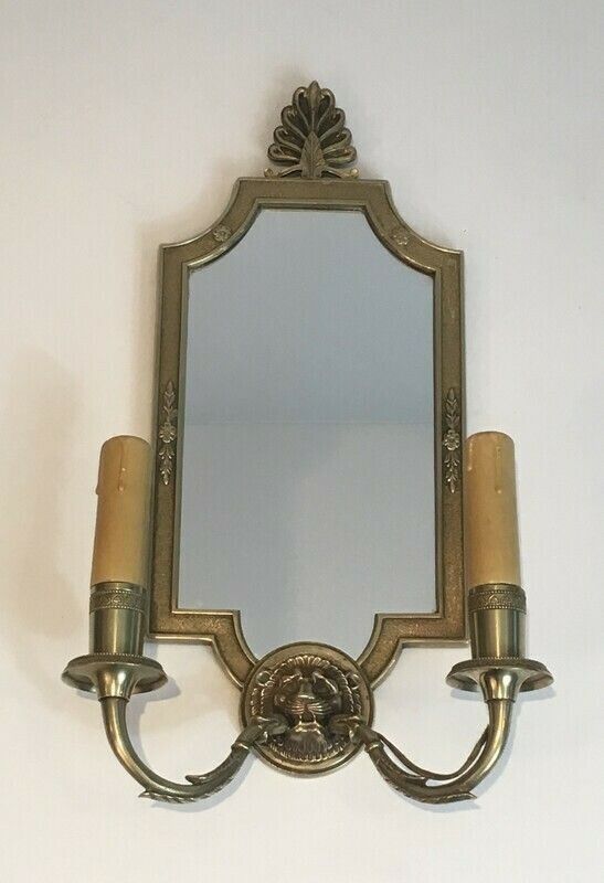 Pair Of Empire Style Bronze Sconces With Lion Head And Mirror. French Work. Around 1940 photo Lighting