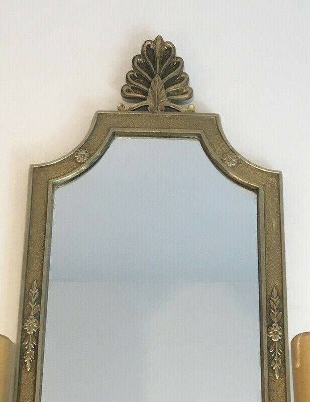 Pair Of Empire Style Bronze Sconces With Lion Head And Mirror. French Work. Around 1940 photo vinterior