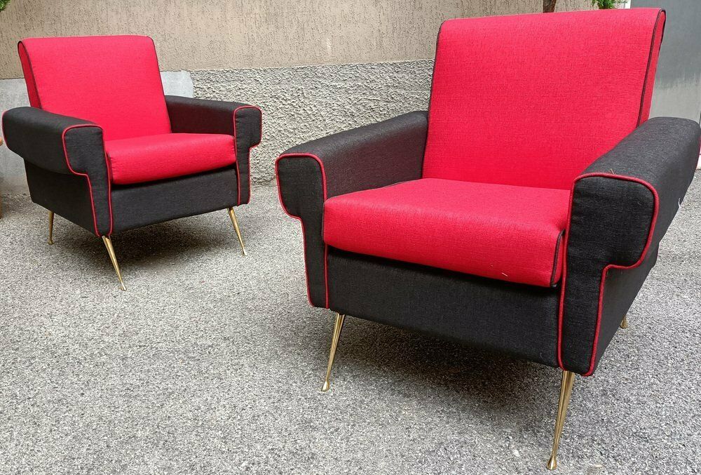 Armchairs In Red And Black With Brass Legs 1950s, Set Of 2