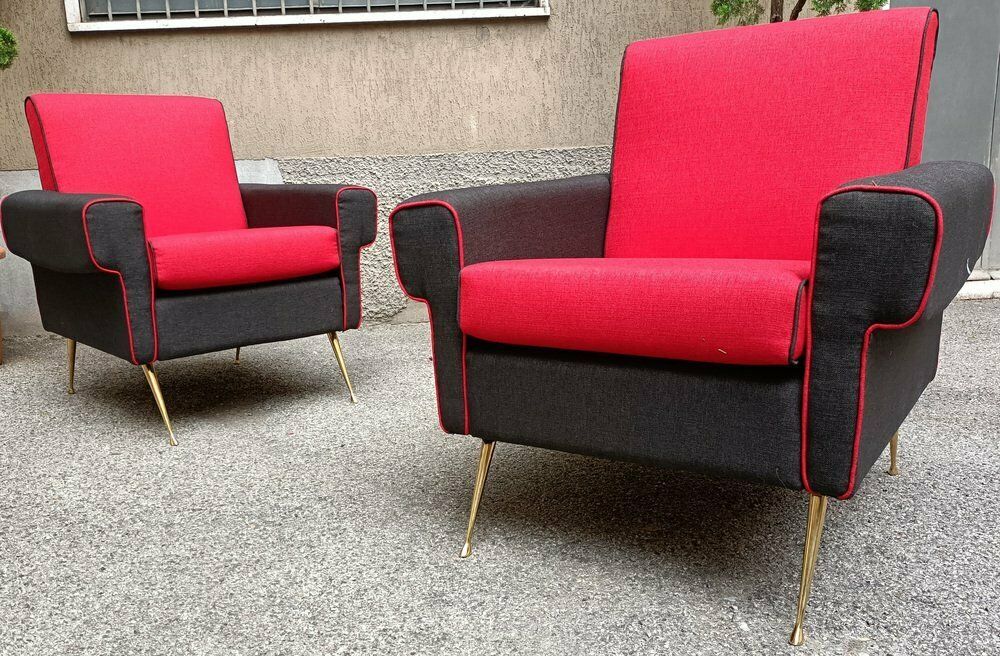 Armchairs In Red And Black With Brass Legs 1950s, Set Of 2 photo 2102.0